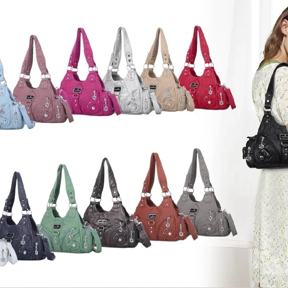 Small Hobo Shoulder Bag Vegan Leather Multi-Pocket Tote Zipper Classic Chic